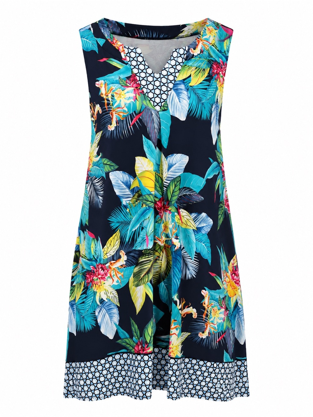 Tribal Navy Tropical Floral Sleeveless Mini Dress, L